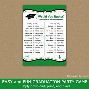 Would You Rather Graduation Game Printable Kelly Green and Black