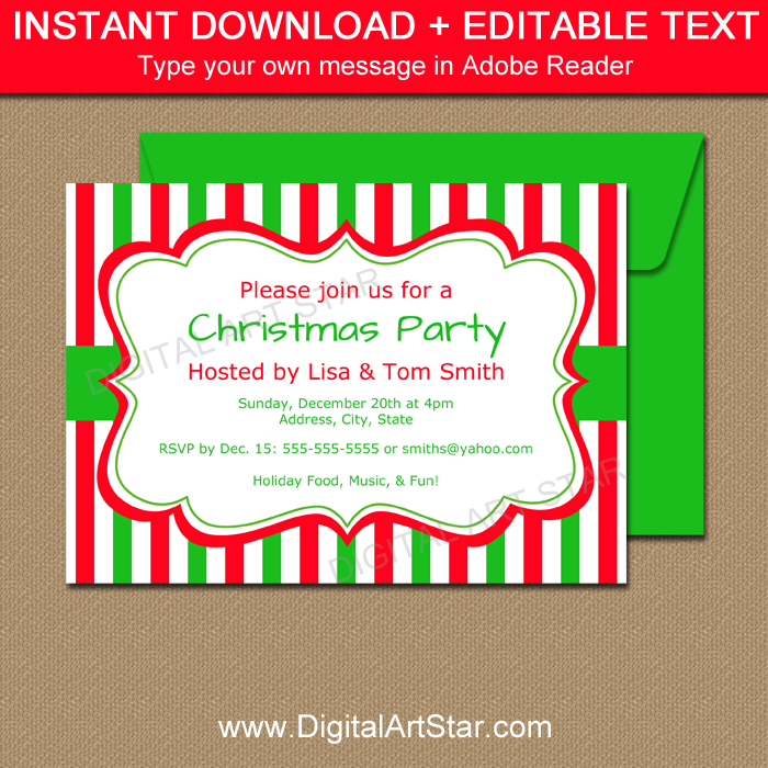 Xmas Invitations with Red White Green Stripes