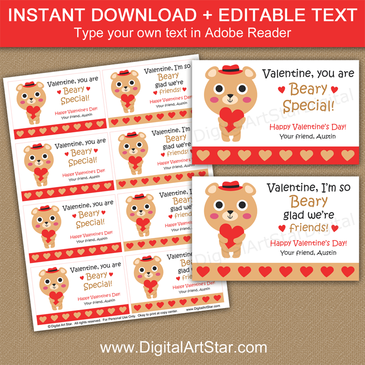 You are Beary Special Valentine Card Printables for School