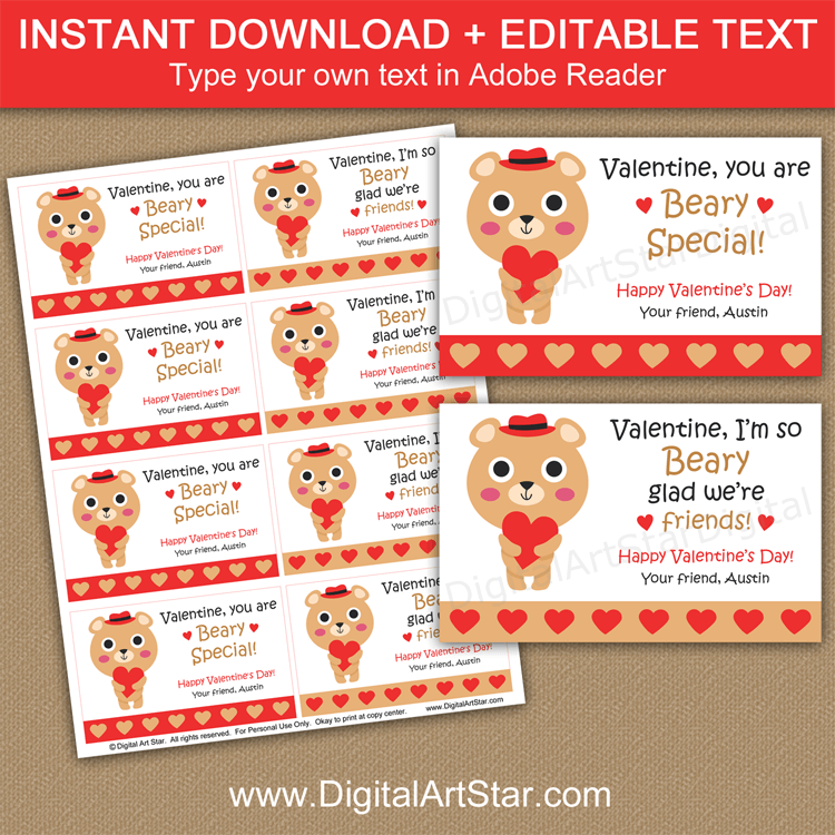 Beary Valentine Cards for School, Printable Valentines for Kids, Bear  Valentine Card, Gummy Valentine Cards for Classroom, Valentine Tags 